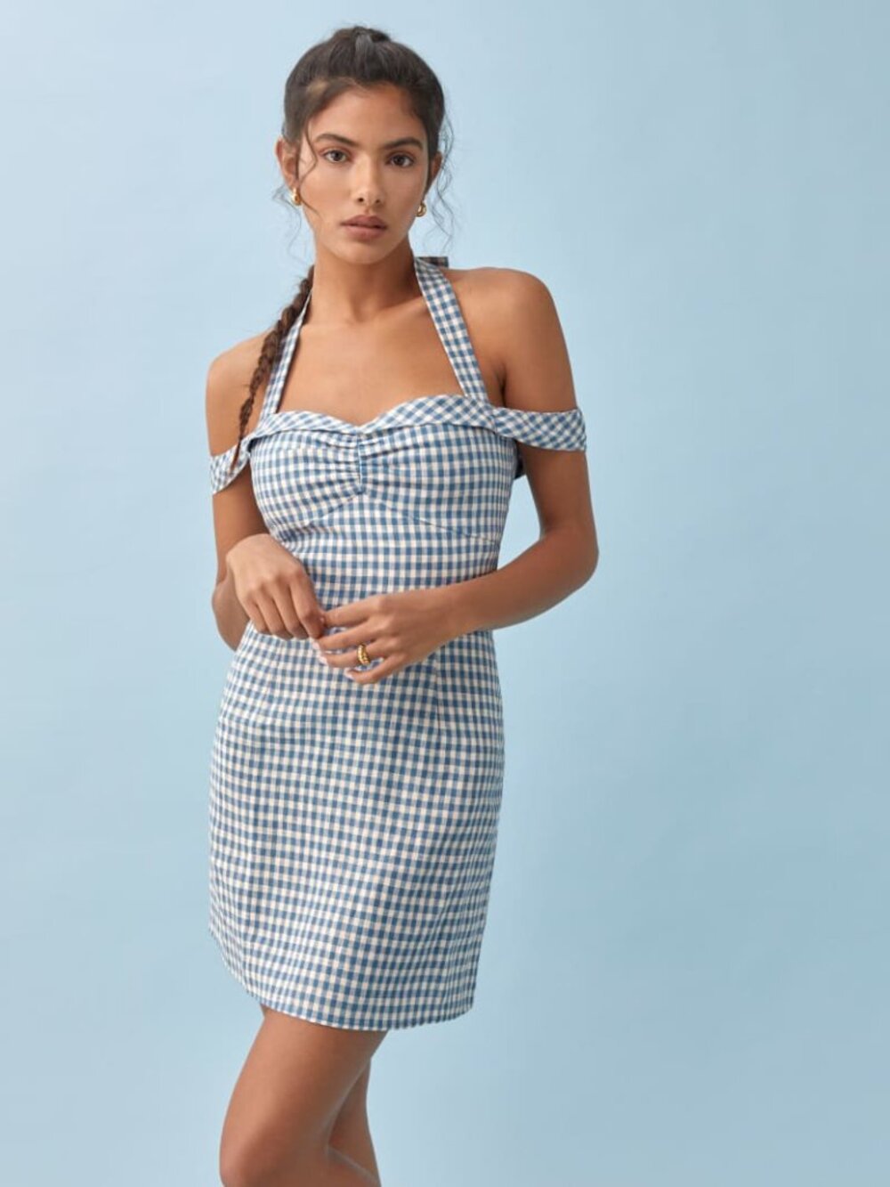 ✨ Reformation "Sanford" Azure Check Gingham Linen Mini Dress Size 10✨